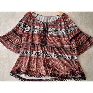 One World Top Boho Crochet Accent Flared Sleeve Paisley Flowy Casual Size 1X